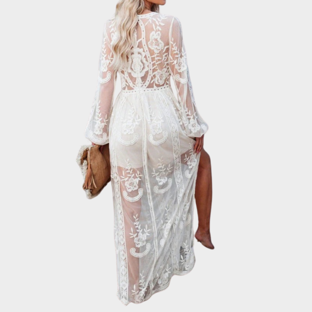 Women’s Bohemian Maxi Dress – Embroidered Lace V-Neck with Hollow Out Detail – Flowy Casual Fit – Cotton Blend – Multiple Colours