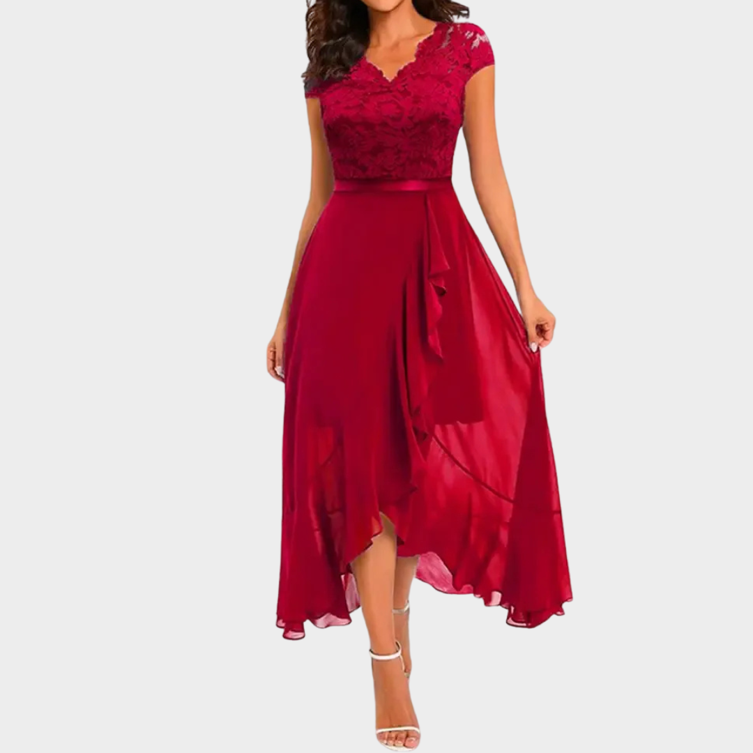 Women Elegant Maxi Dress – High Waist Round Neck Lace Chiffon Formal Fit – Multiple Colours