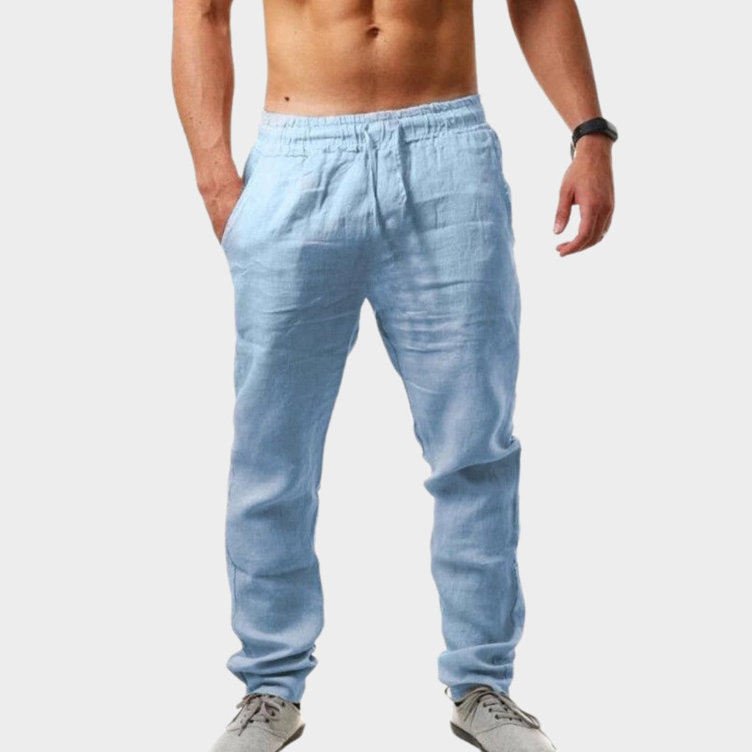 Men's Cotton Linen Trousers - Loose Fit - Elastic Waistband - Lightweight & Breathable - Multiple Colours