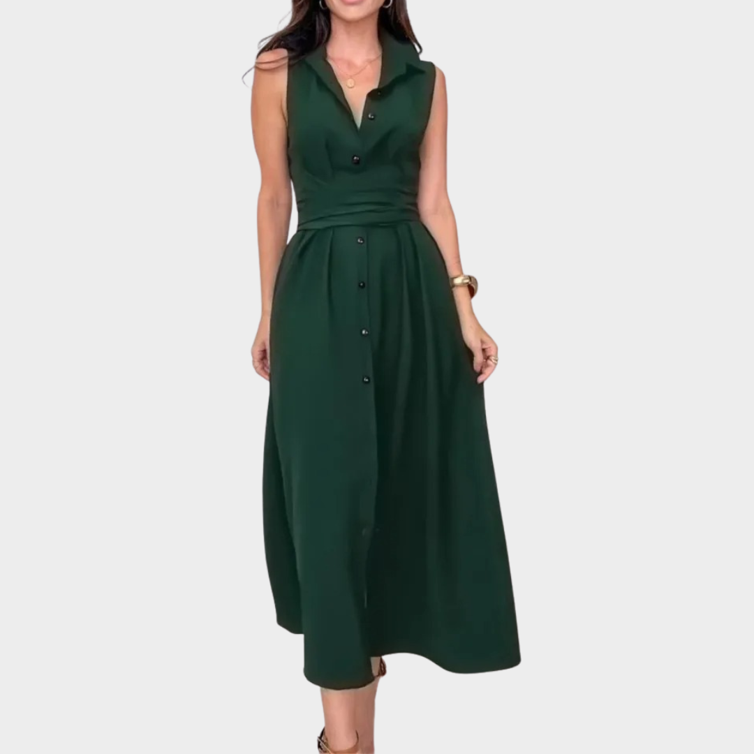 Women Shirt Dress – Sleeveless Lapel Design with Waist Tie and Button-Front – Multiple Colours