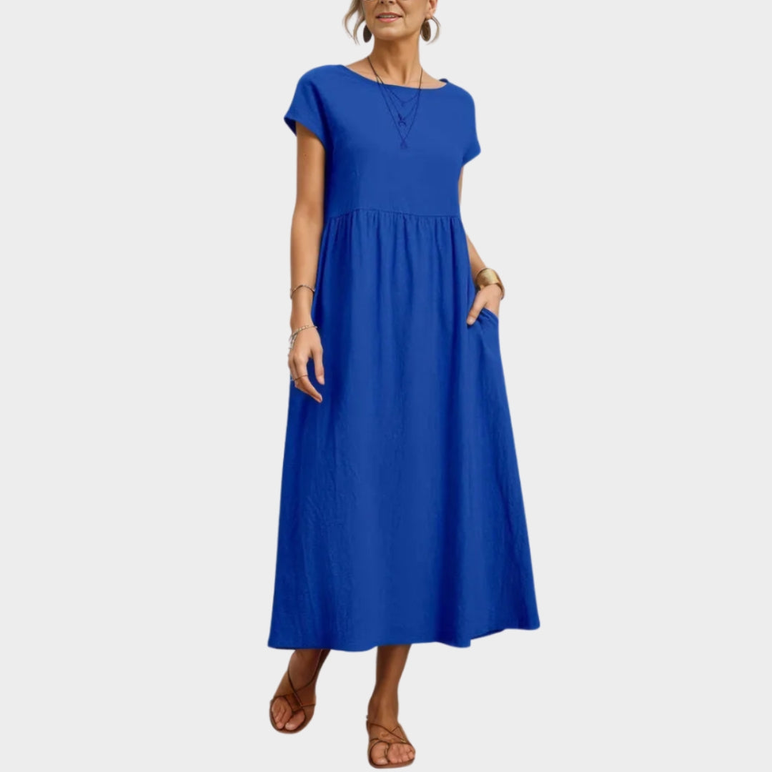 Women's Long Cotton-Linen Dress O-Neck Relaxed Fit Vintage Sun Dress - Multiple Colors