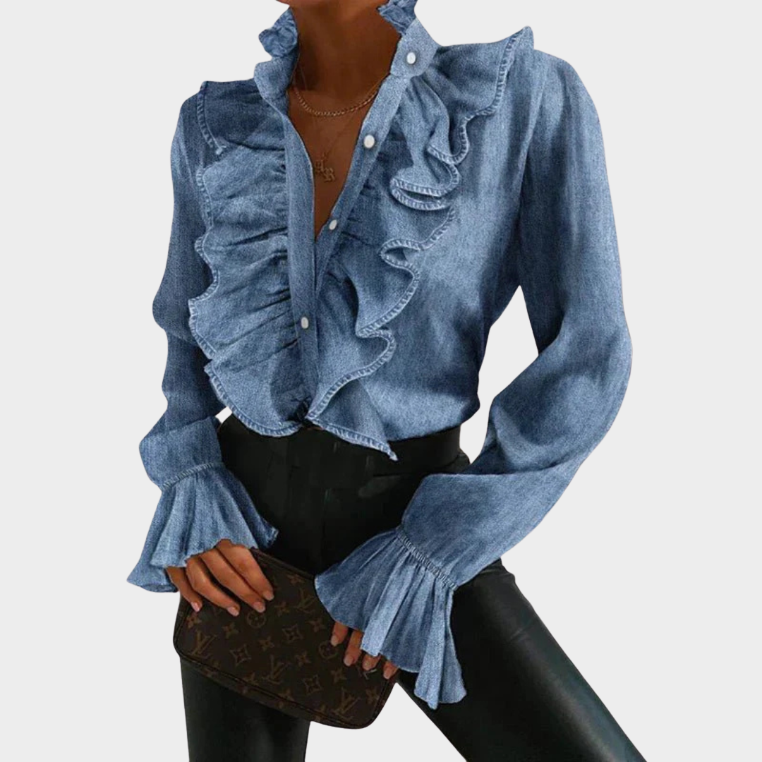 Women's Long Sleeve Button Shirt – V-Neck Ruffled Blouse – Pleated Chiffon – Elegant Office Wear – Multiple Colours