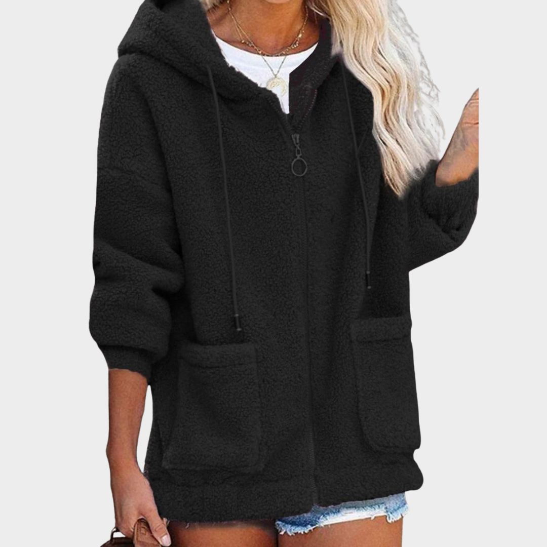 Women’s Plush Hoodie Jacket – Long Sleeve Zip Front Coat with Pockets Casual Outerwear – Multiple Colours