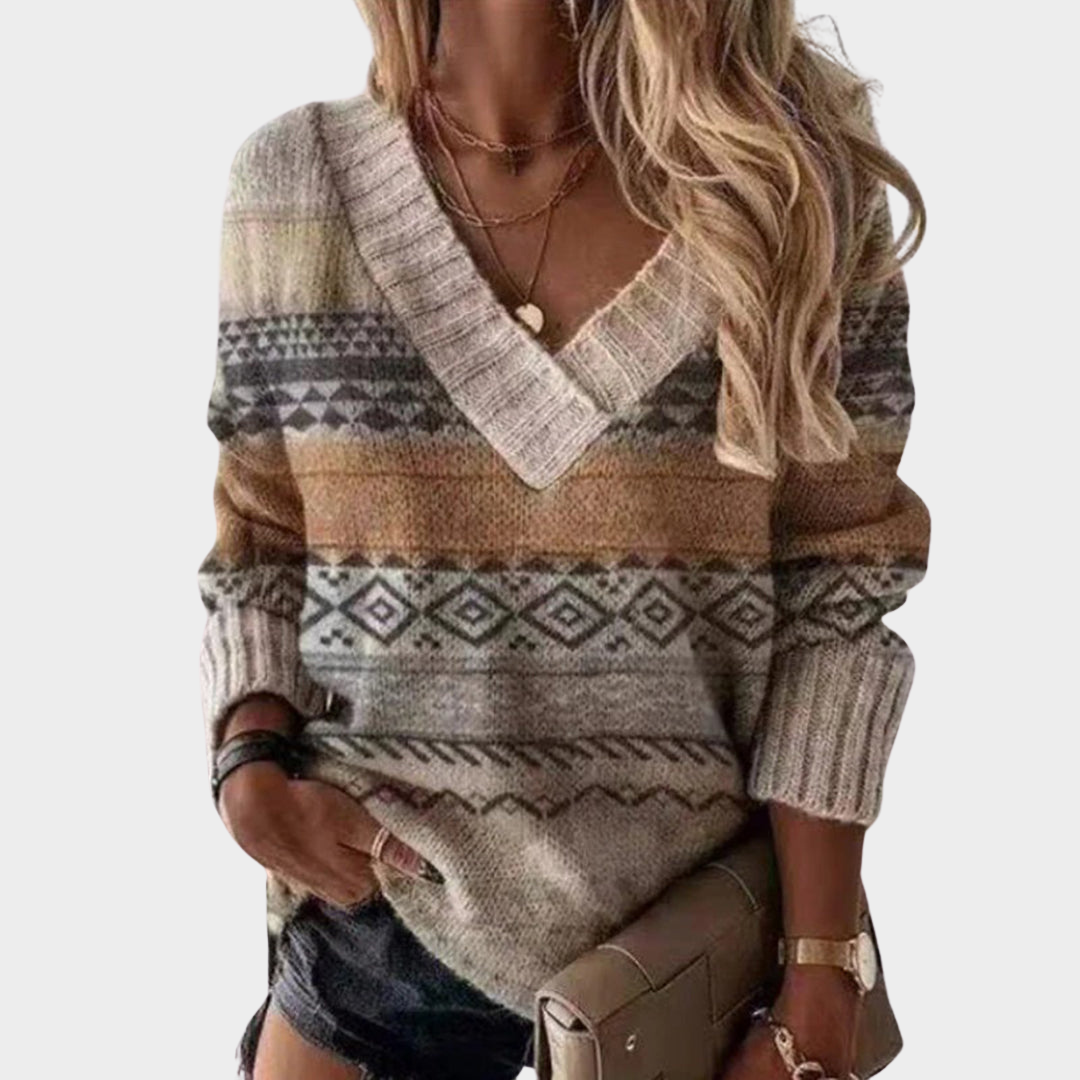 Women's Patchwork Knit Sweater - V-Neck - Long Sleeve - Loose Fit - Multiple Colours