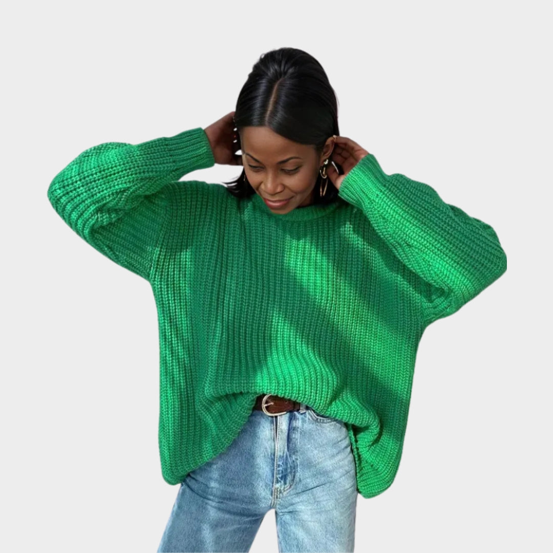 Elegant Women’s Knitted Sweater – Round Neckline, Long Sleeves, Pink, Green, Comfortable Fit