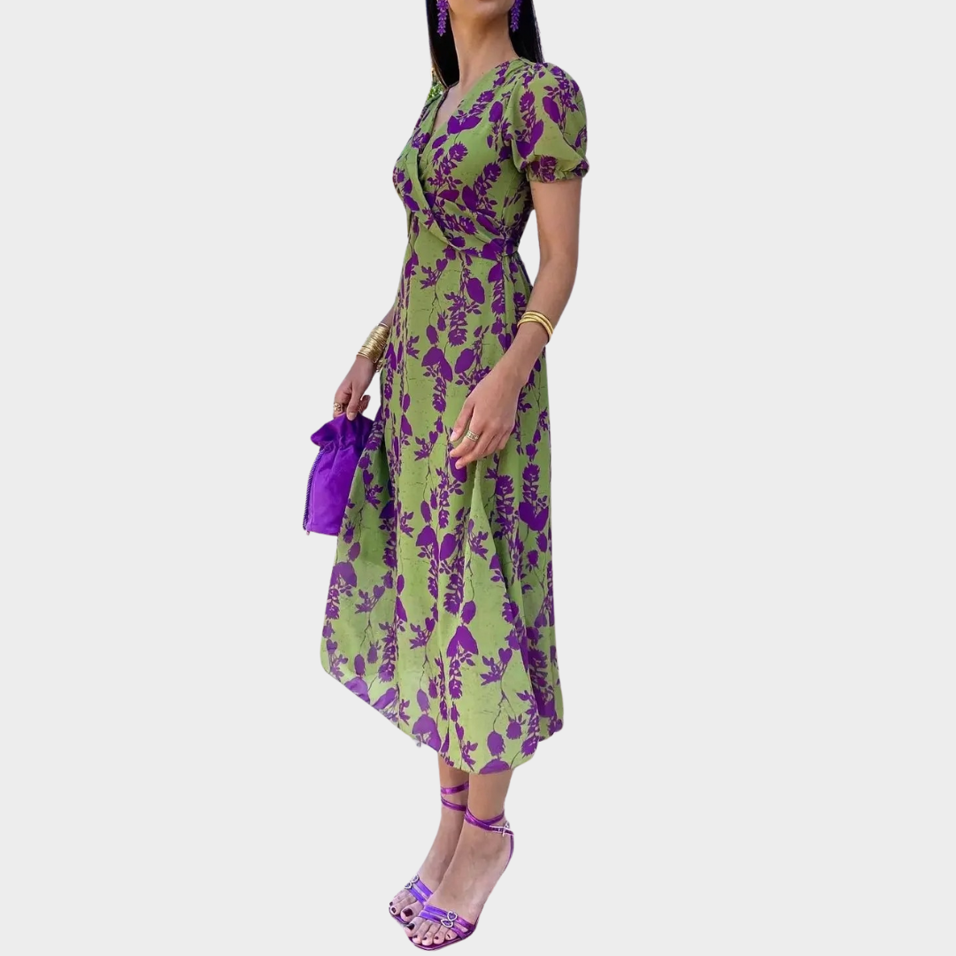 Women’s V-Neck Contrast Print Dress – Slim Short Sleeve Fit with Elegant Casual Style – Lightweight Soft Fabric – Green