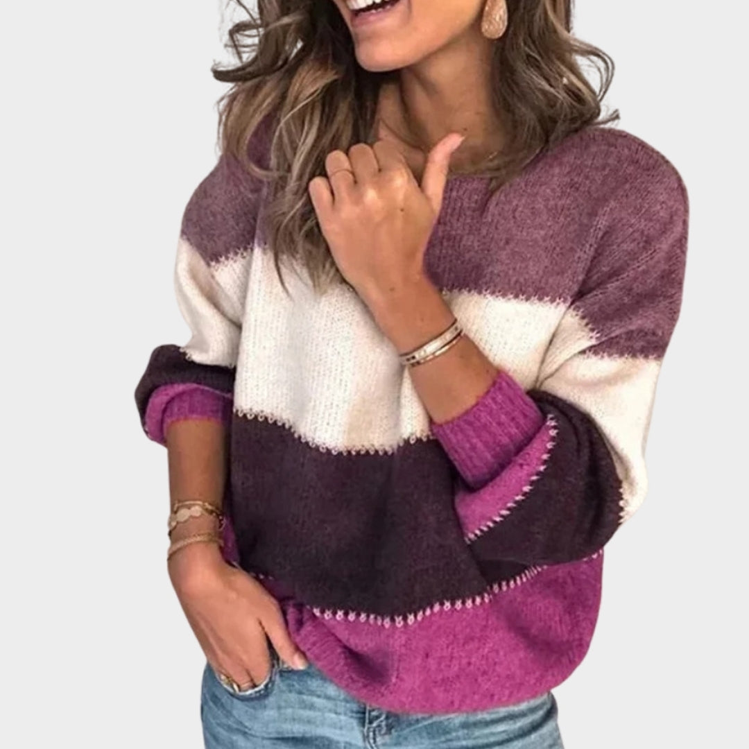 Autumn Winter Warm Color Blocking Women’s Sweater - Lantern Sleeve, O Neck, Loose Knitted Pullover, Multi-Color