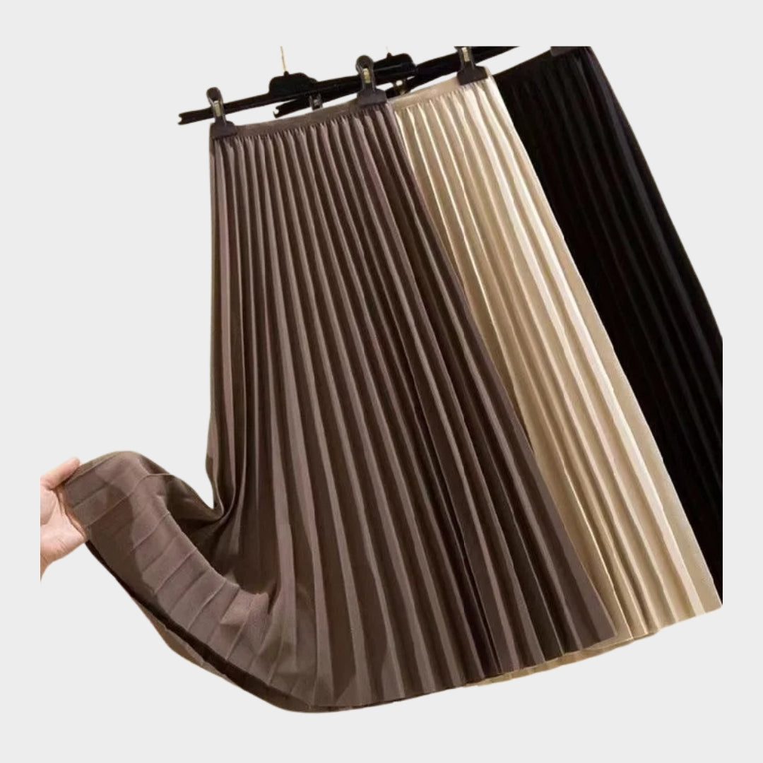 Women’s High Waist Pleated A-Line Skirt - Versatile Swing Skirt, Mid-Length, Black, Beige, Dark Brown
