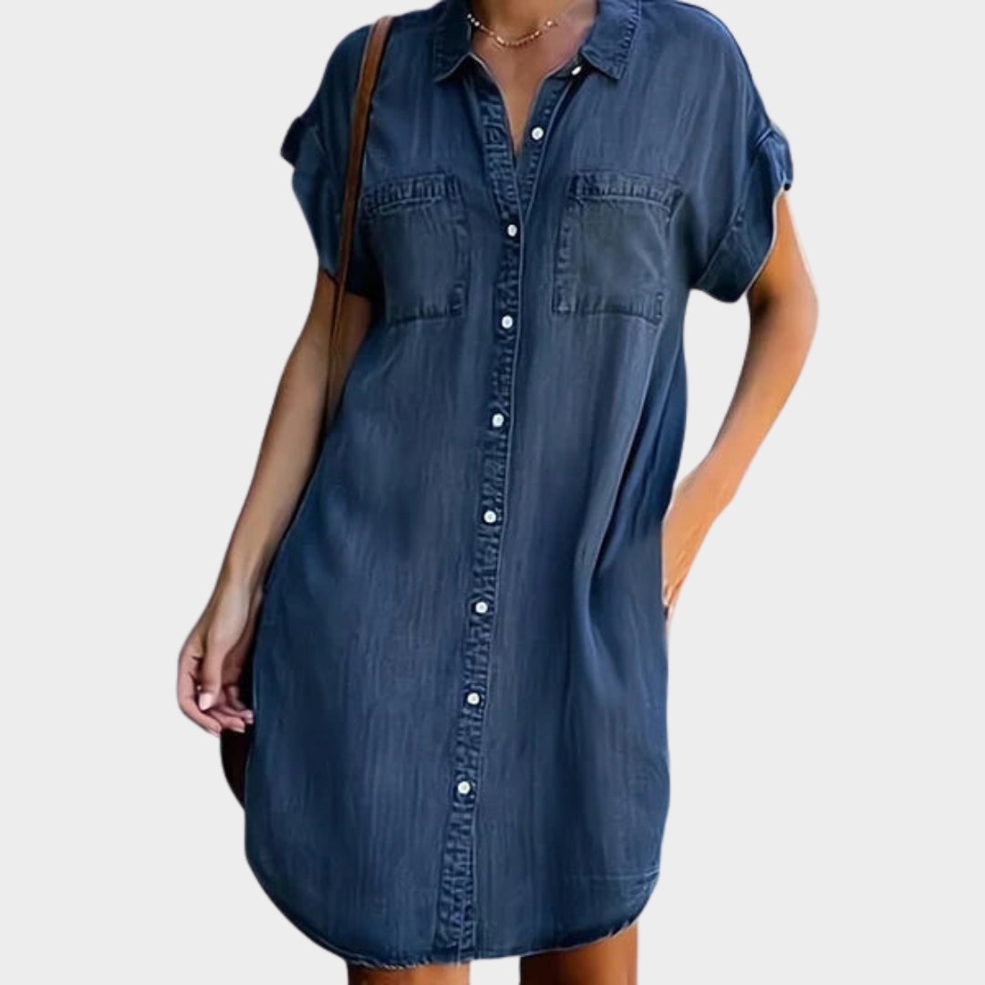 Women's Denim Shirt Dress – Casual Loose Fit – Button-Up – Pockets – Multiple Colours