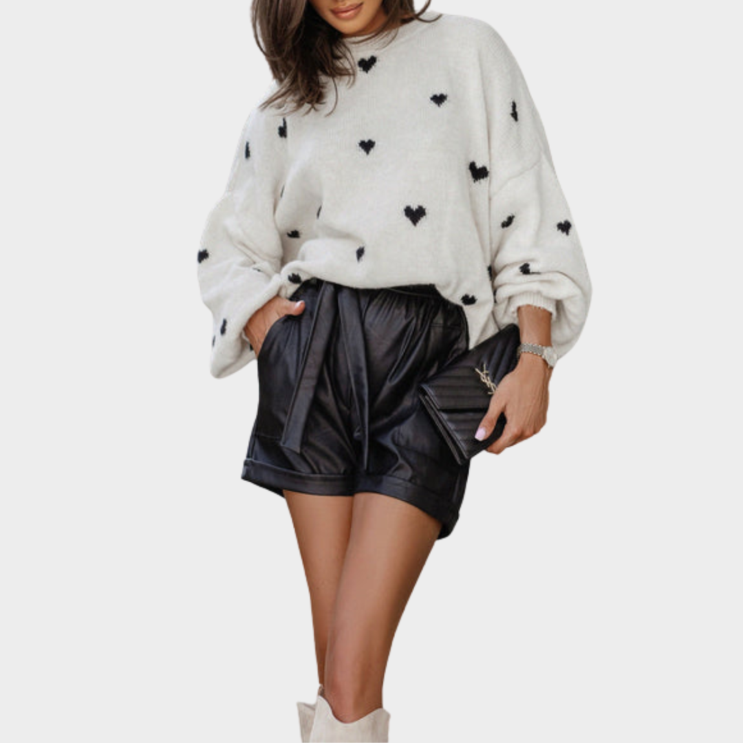 Women's Knitted Pullover Sweater – O-Neck – Love Heart Design – Loose Fit – Soft Knitwear – White