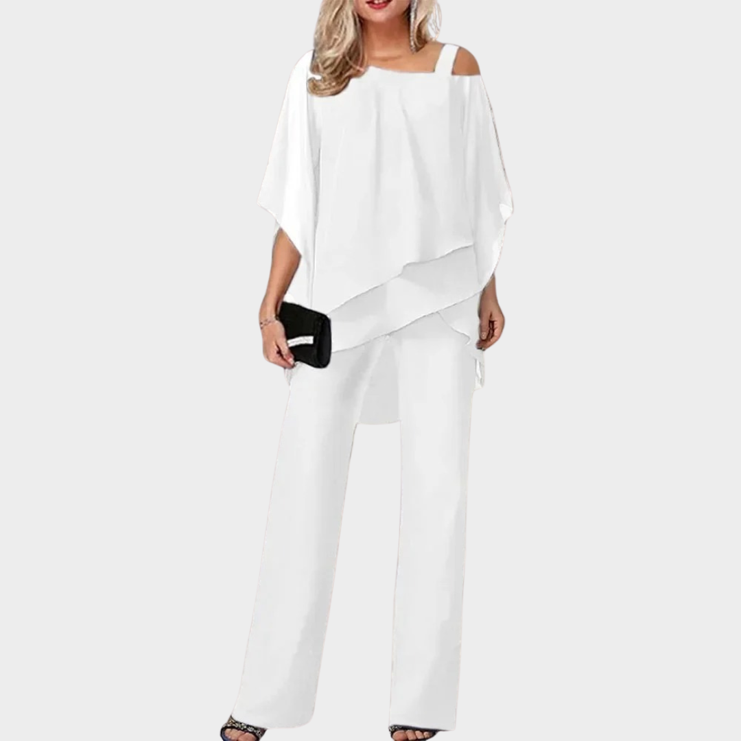 Women’s Off-Shoulder Two-Piece Set – Bat Sleeve Top & Wide-Leg Trousers – Relaxed Elegant Fit – Multiple Colours