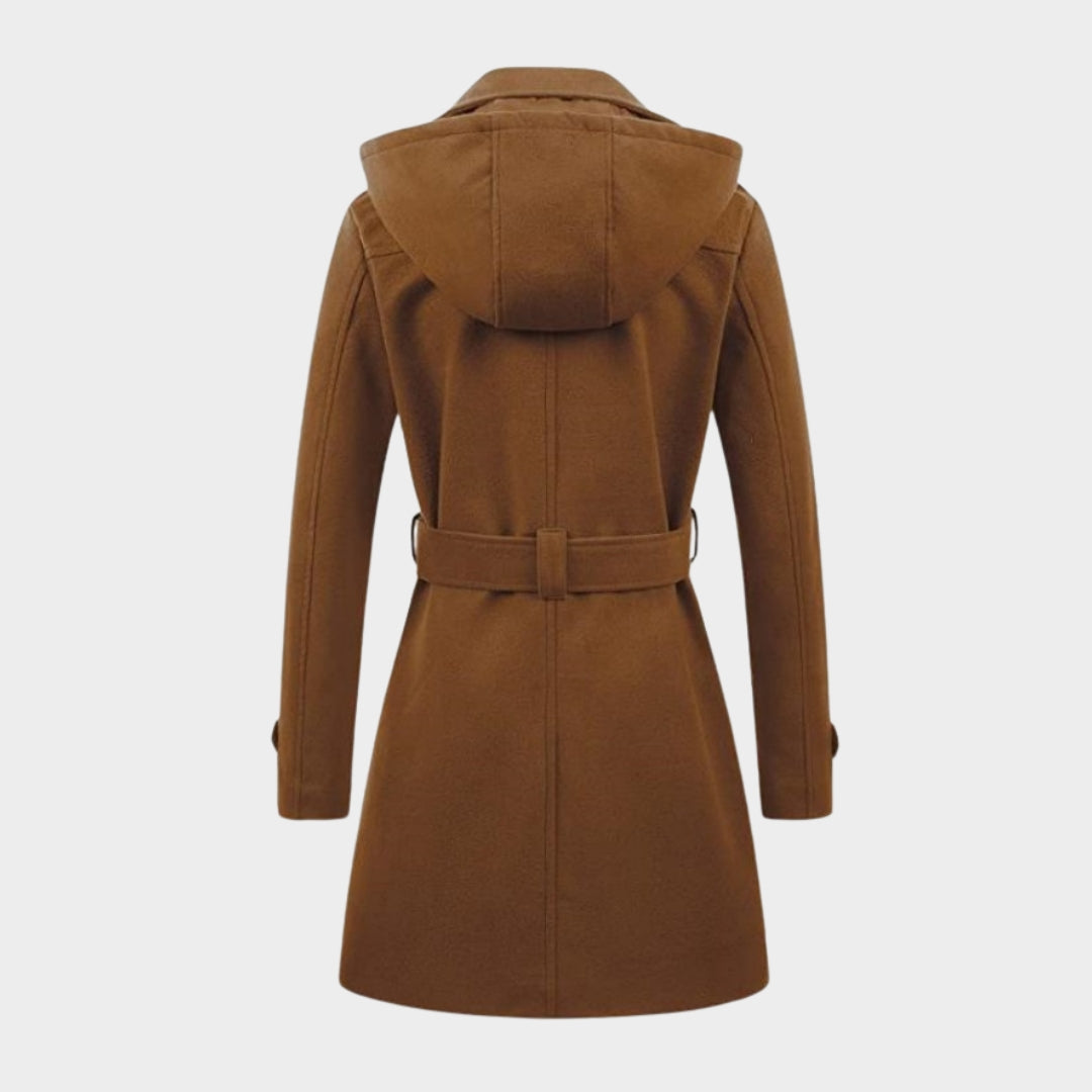 Women's Hooded Double-Breasted Overcoat – Mid-Length, Woolen Lapel Collar, Winter Coat, Black, Army Green, Camel