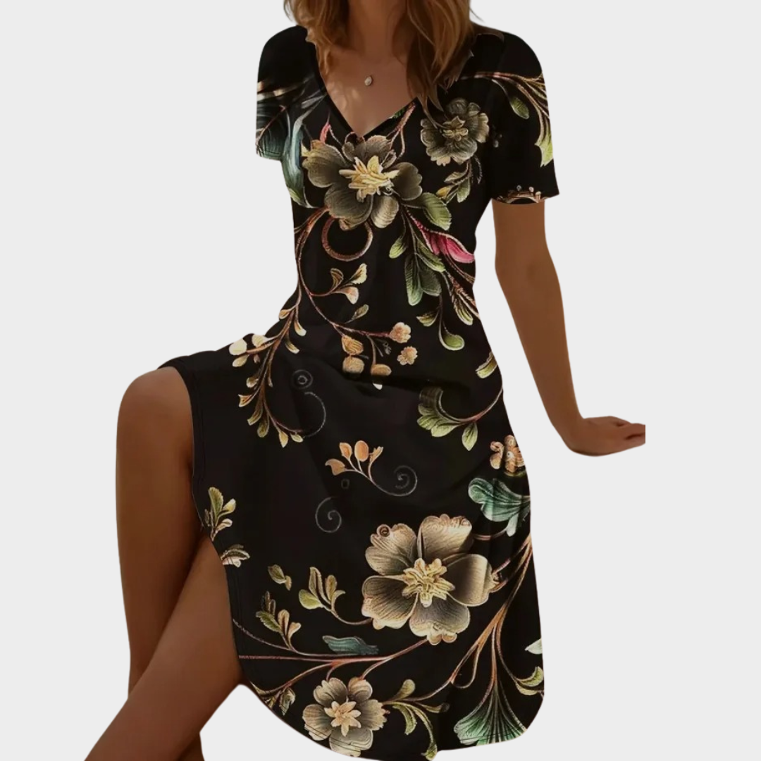 Women’s Casual Swing Dress – V-Neck Printed Midi Dress – Lightweight Fit – Cotton-Poly Blend – Relaxed Silhouette – Multiple Colours