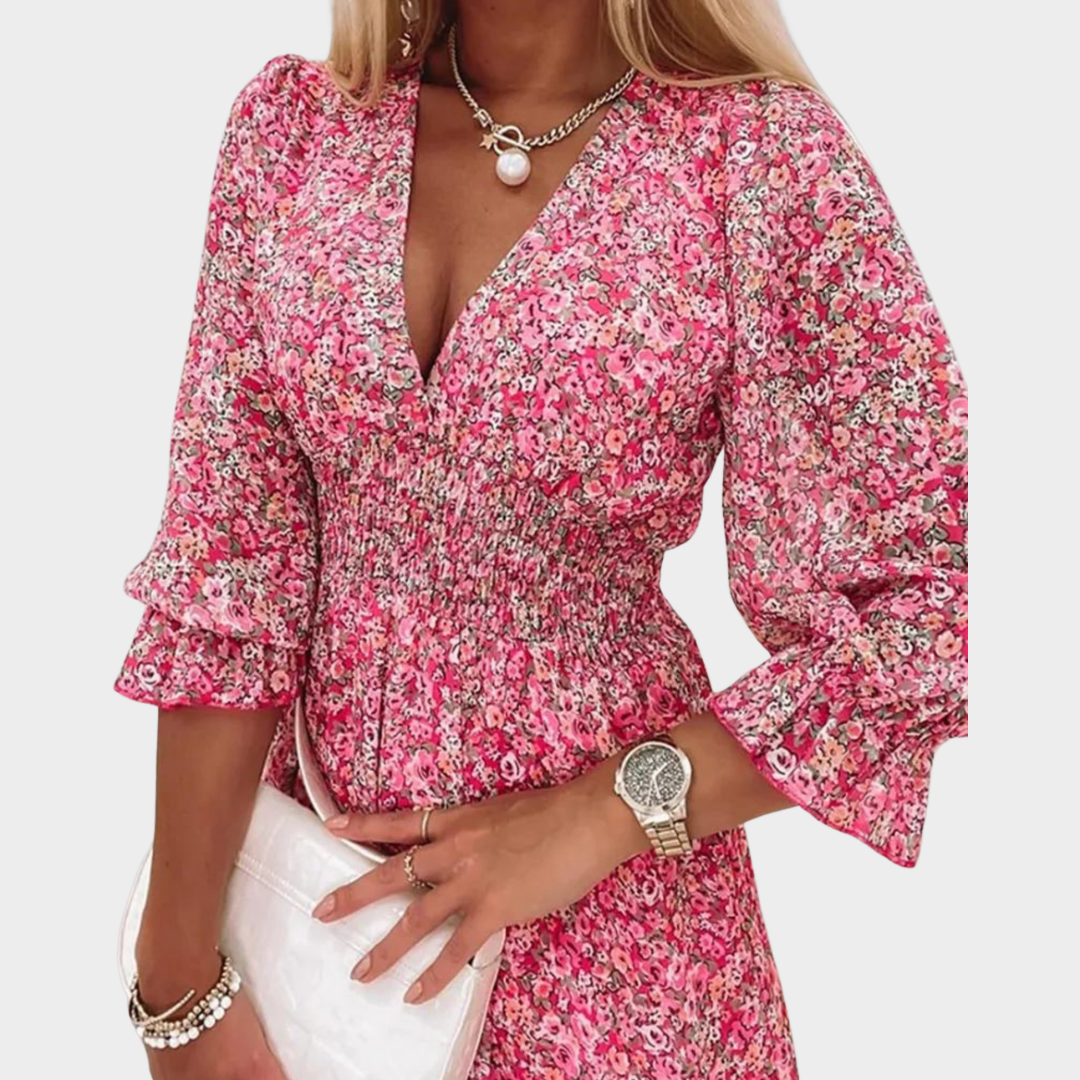 Women's Bohemian Dress – Floral Print – Deep V Neck – Short Sleeve – Pullover Fit – Lightweight Fabric – Pink