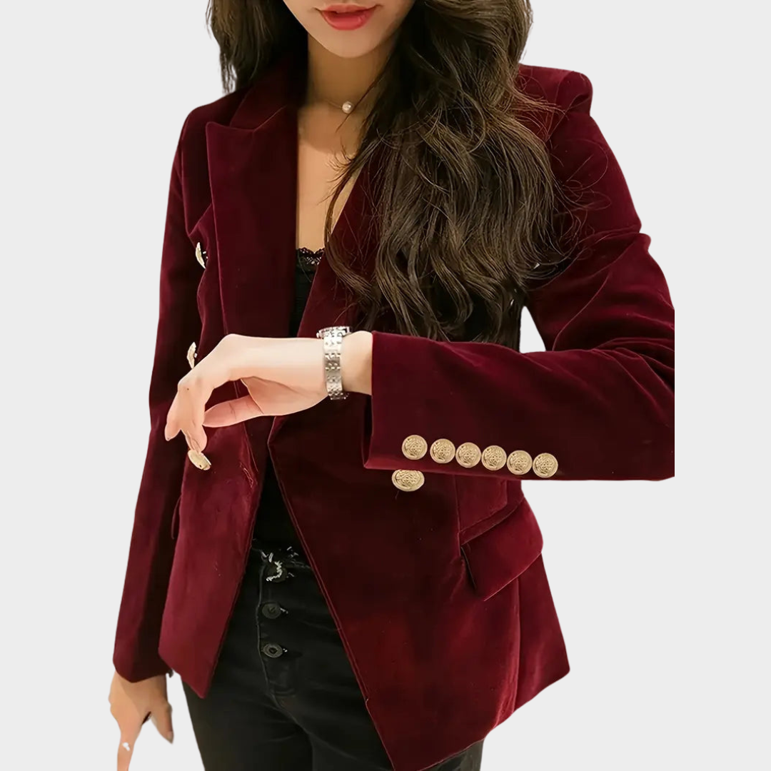 Women's Slim Velvet Blazer – Double Breasted – Elegant Office Wear – Soft & Stylish – Burgundy