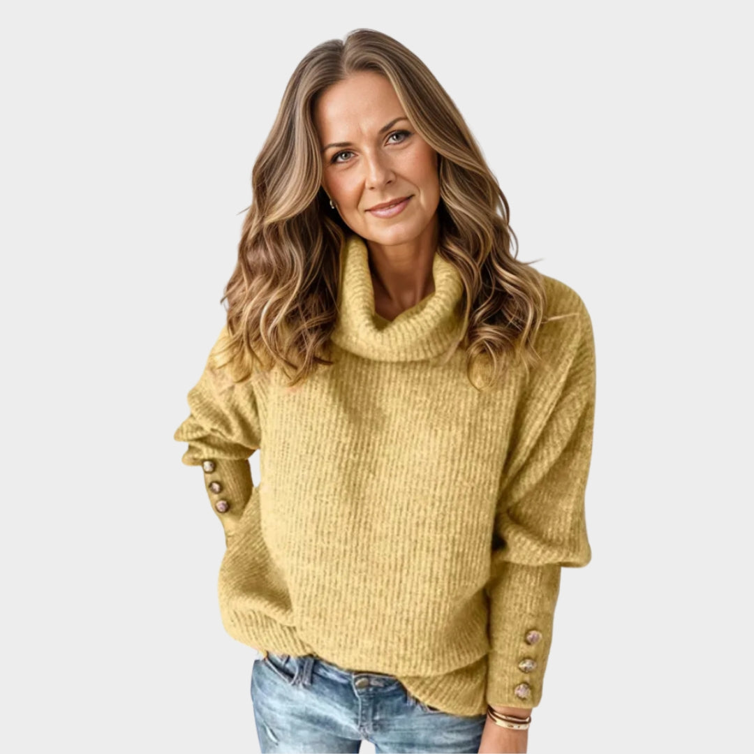 Oversized Women’s Vintage Turtleneck Sweater – Metal Buttons, Loose Knit, Long Sleeves, Grey, Pink, Blue