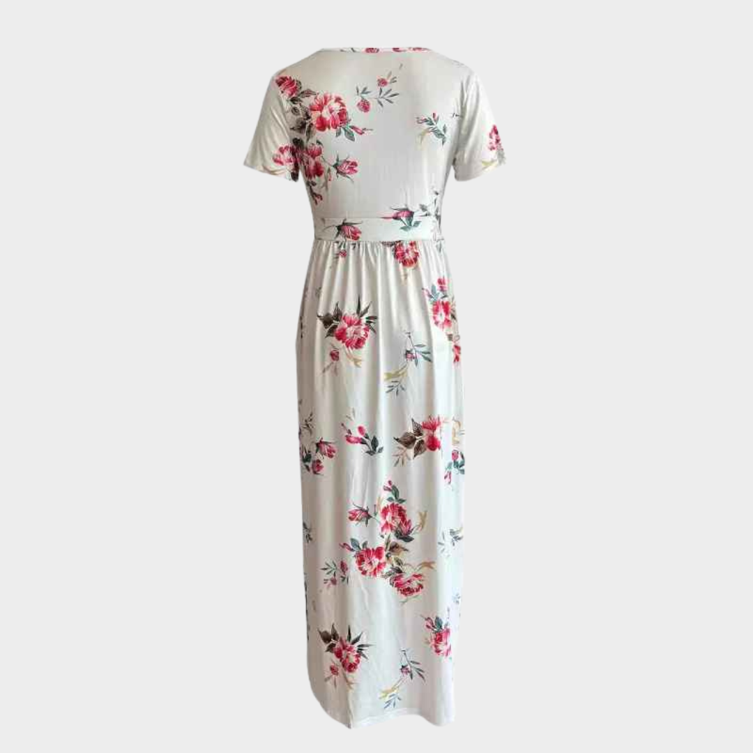 Women's Elegant Short Sleeve Dress – V-Neck Waist-Tied Design with Pockets – Soft Comfortable Fabric – Multiple Colours