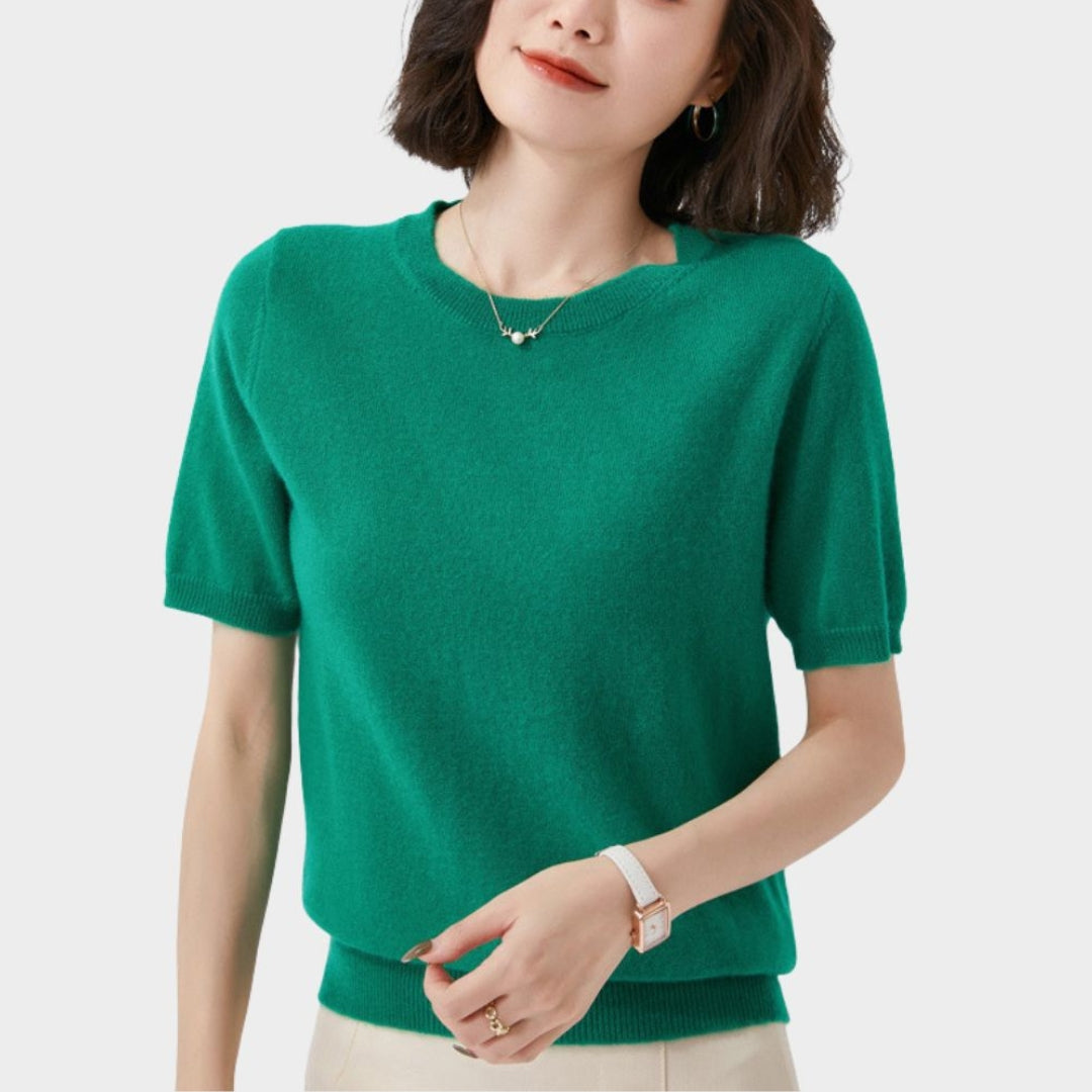 Women’s Short Sleeve Knitted T-shirt – O-neck Slim Wool Cotton Vest in 13 Colors