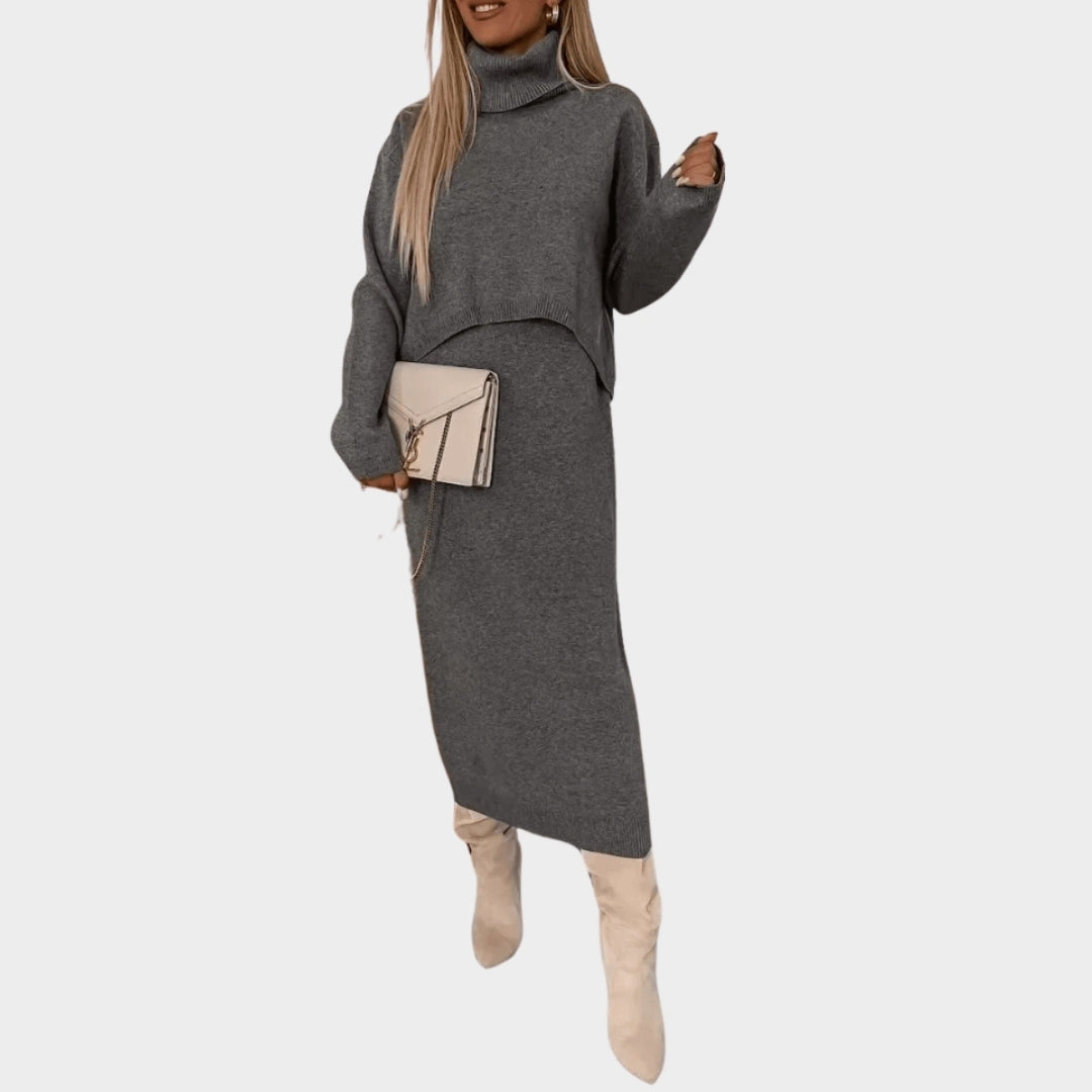 Women’s High Neck Knitted Two-Piece Set - Solid Color Skirt & Top, Autumn Winter, White, Grey, Camels