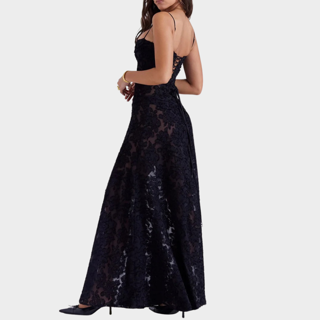 Women’s Formal Maxi Dress – Spaghetti Strap Embroidered Mesh Overlay – Elegant Fit for Events – Sheer Detailing – Multiple Colours