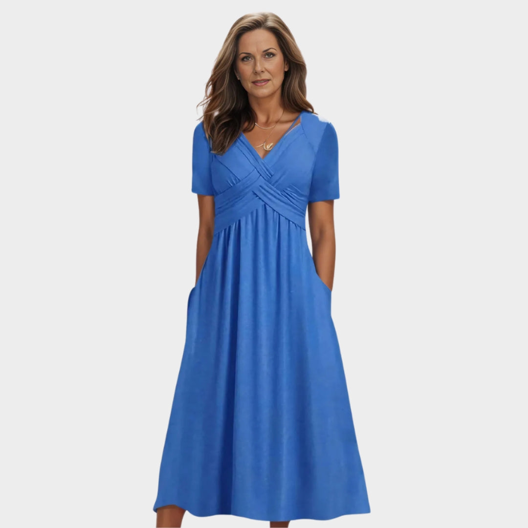 Women's Solid-Colored Summer Dress – V-Neck, Short Shoulder Sleeves, Casual Fit, Lightweight Fabric