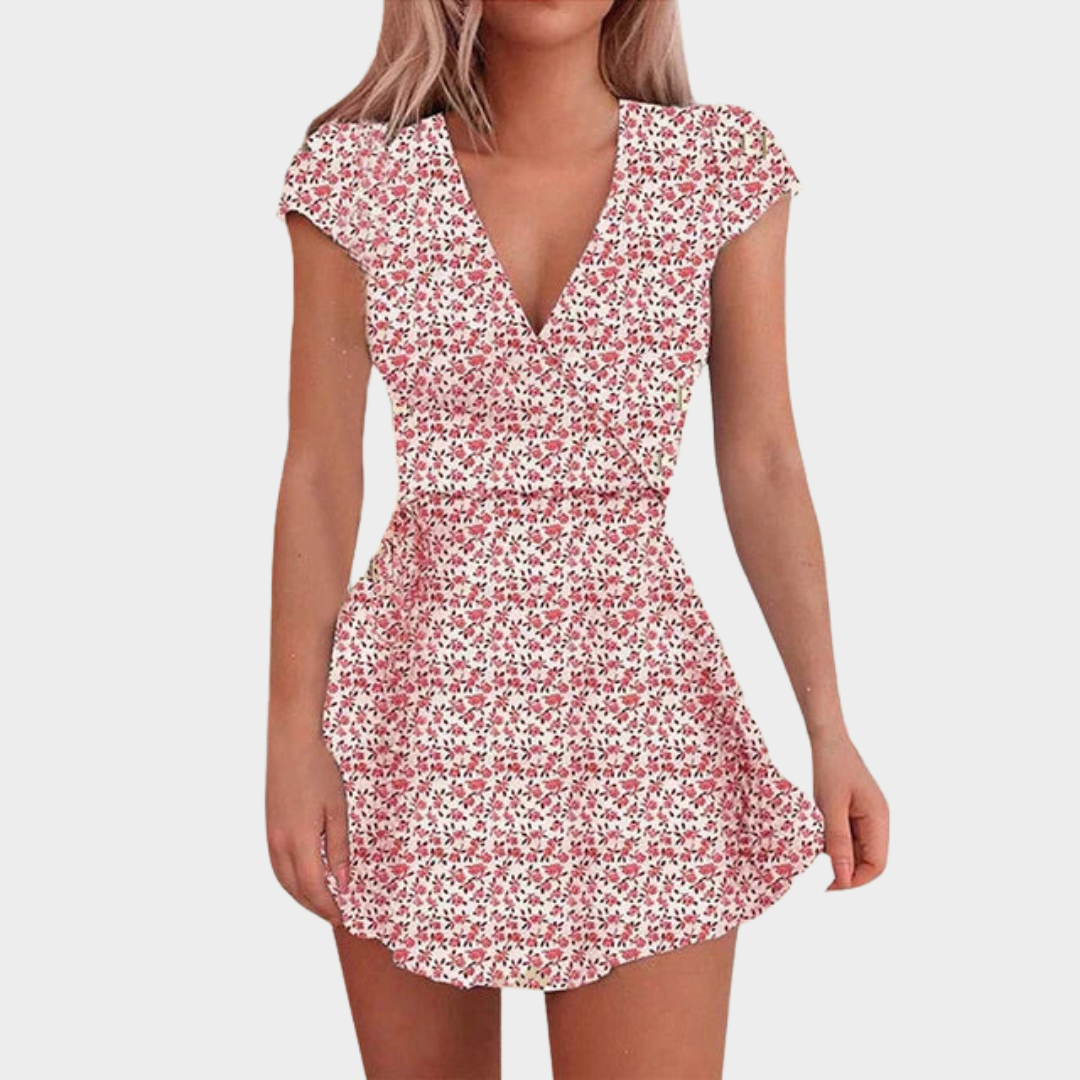 Women’s V-Neck Floral Print Dress – High Waist Fitted Midi with Short Sleeves – Lightweight Soft Fabric Elegant Fit – Multiple Colours
