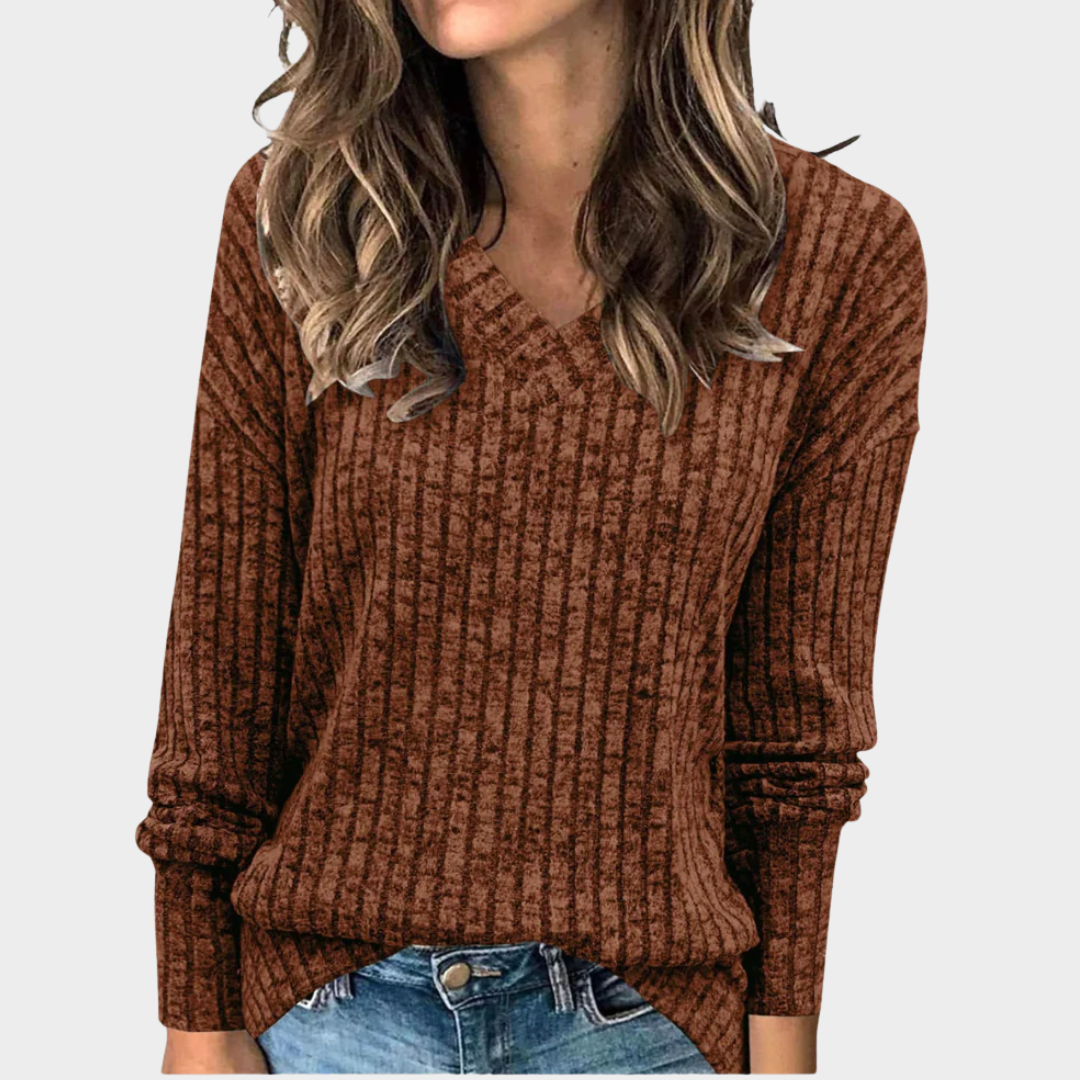 Women Knitted Sweater – Long Sleeve T Shirt Style with Pit Stripe and V Collar – Lightweight Polyester Blend – Multiple Colours