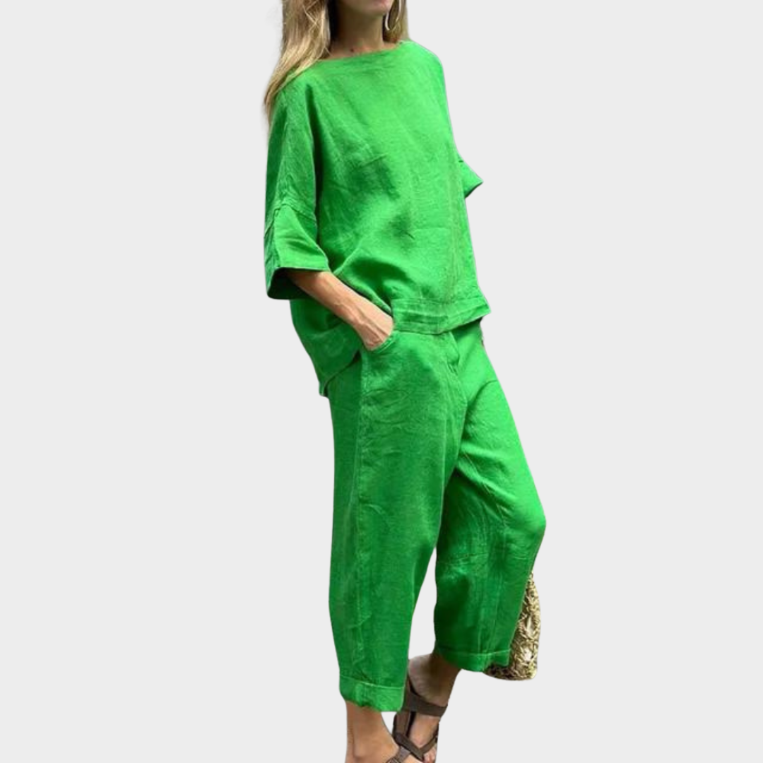Women's 2-Piece Cotton Linen Set – Loose-Fit Shirt & High-Waisted Trousers – Multiple Colours
