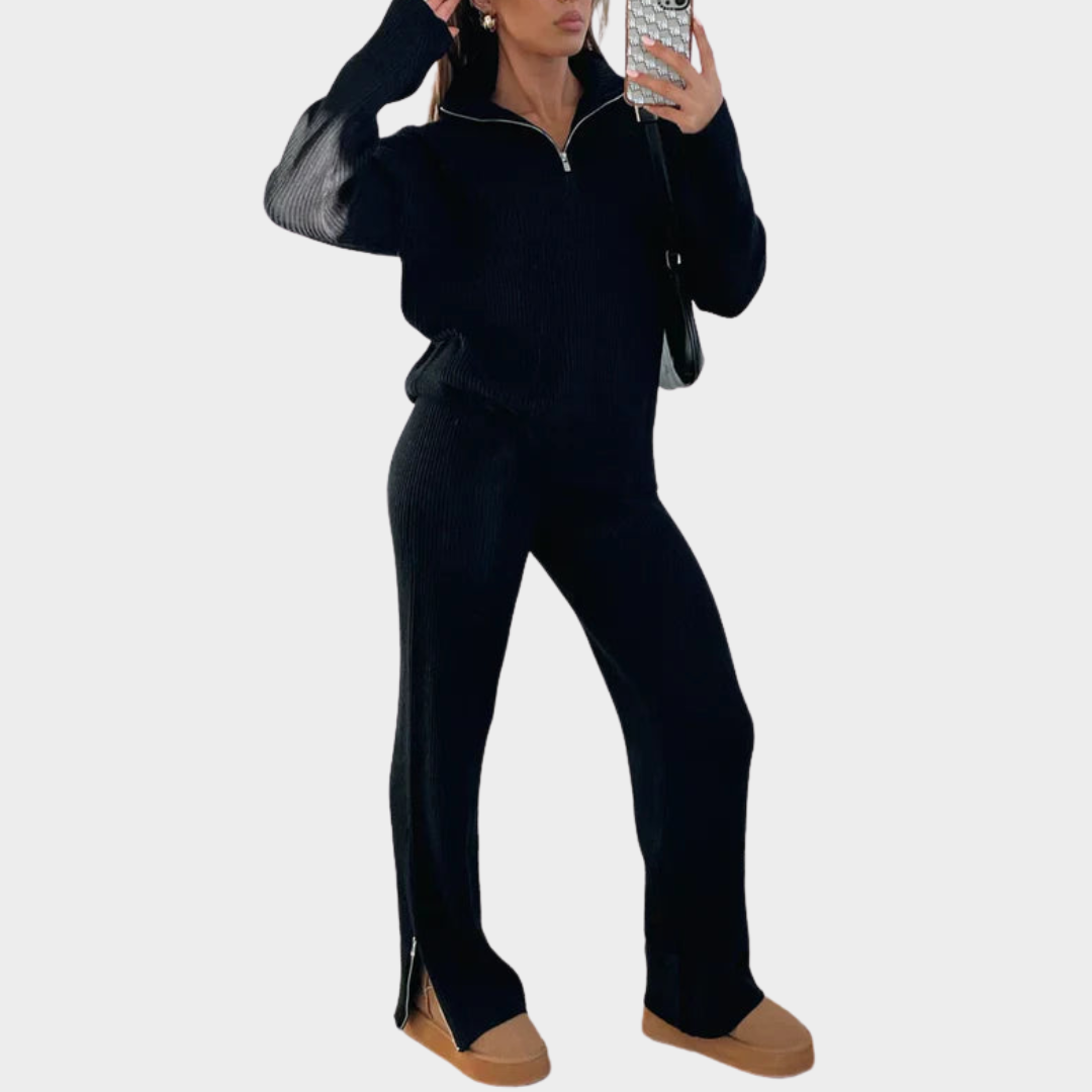 Women's Two-Piece Knitted Set – Long Sleeve – Lapel Collar – Soft Fabric – Multiple Colours
