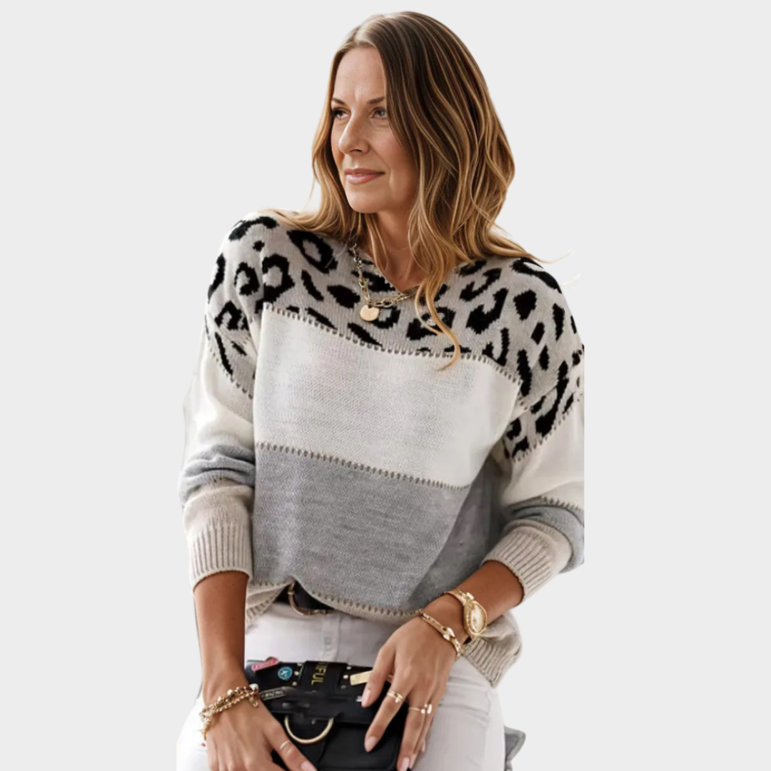 Women’s Leopard Print Knitted Sweater – Long Sleeve Fashionable Fall/Winter Top (Pink, Grey)
