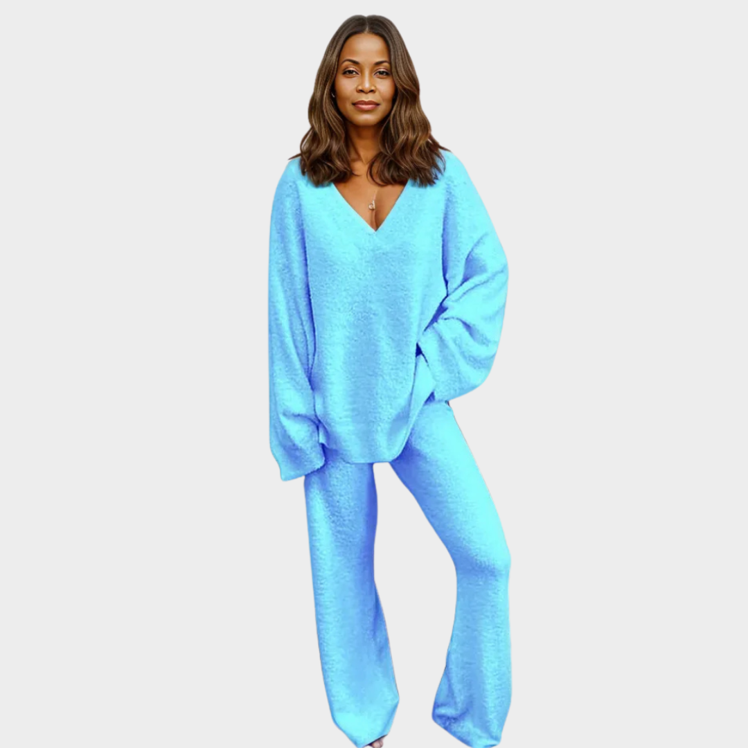 Women's Two-Piece Pantsuit – V-Neck, Solid Color, Winter Casual Wear (White, Pink, Grey, Blue, Black)