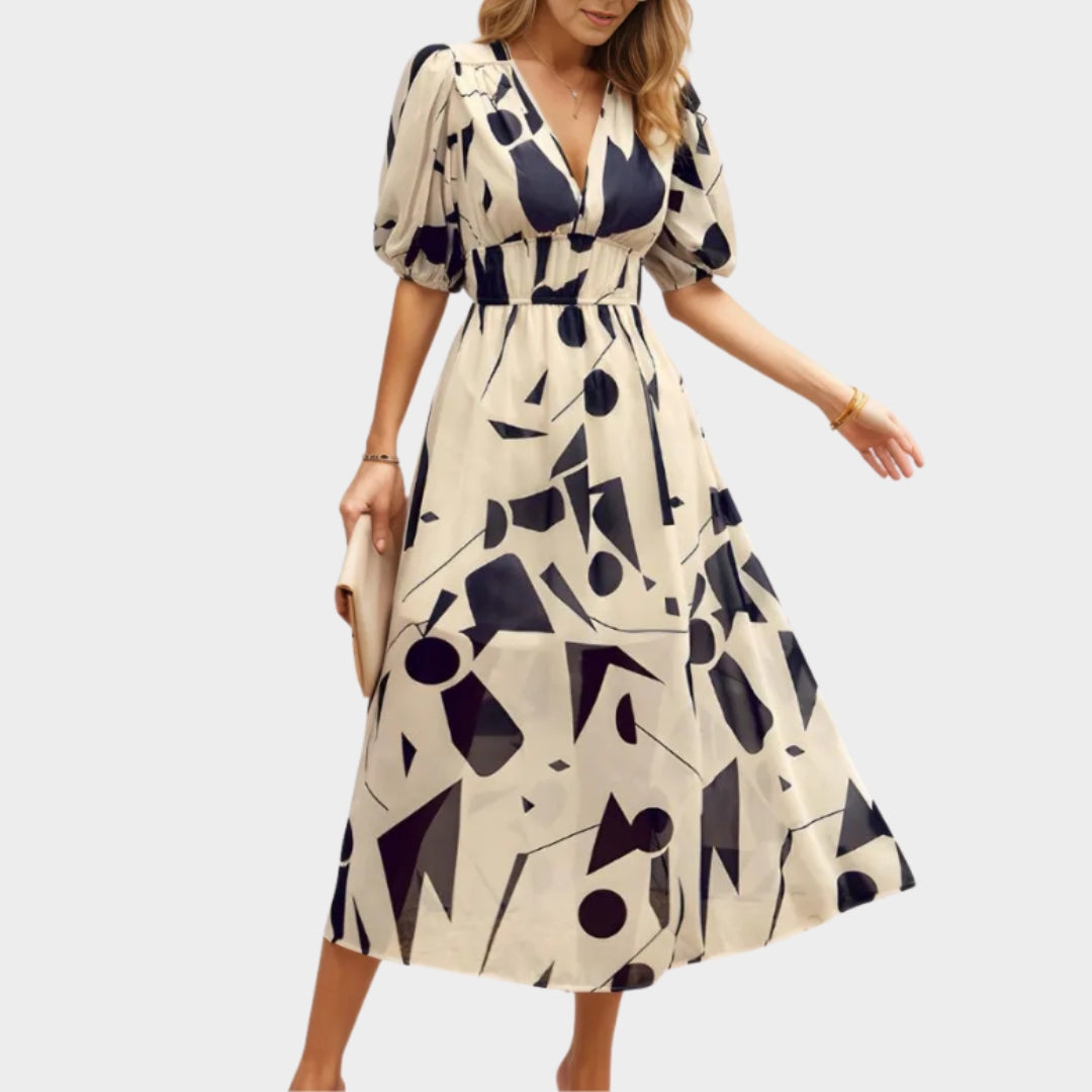 Elegant Women's Maxi Dress V-Neck Elastic Waist Printed Long Summer Dress - Beige, Pink, Black, and More