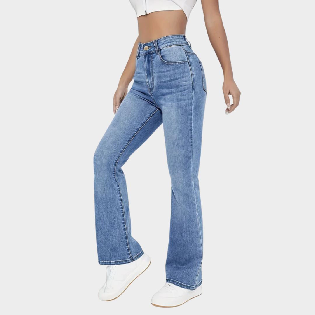 Women's High-Waist Denim Trousers – Slim Fit – Washed Jeans – Light Blue