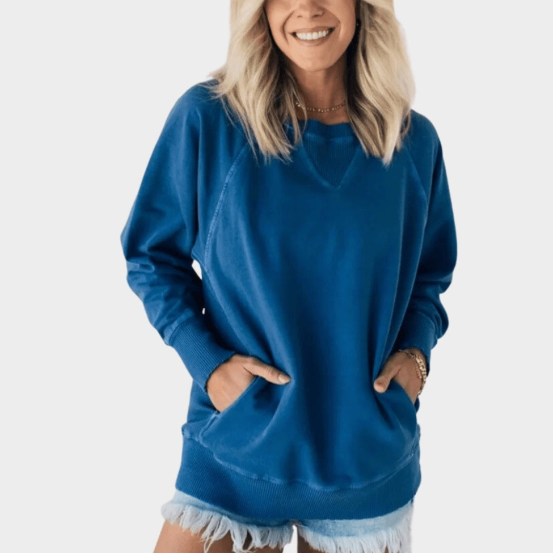 Women’s O-neck Sweater Shirt - Solid Color Long Sleeve Pocket Top, Casual Loose Fit, Apricot, Black Ash, and More