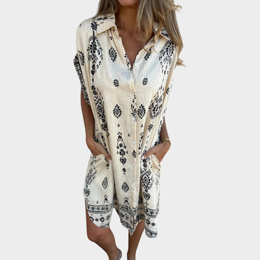 Women’s Boho Print Shirt Dress – Short Sleeve Loose Fit with Button Front – Lightweight Casual Holiday Style – Multiple Colours