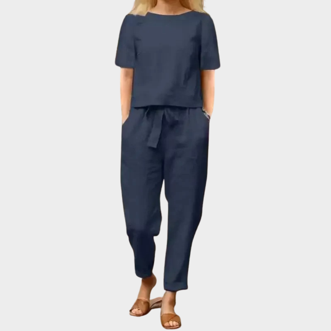 Women’s Cotton Linen Two-Piece Set – Half Sleeve O-Neck Top and Bell Bottom Trousers – Vintage Relaxed Fit – Soft Lightweight Fabric – Multiple Colours