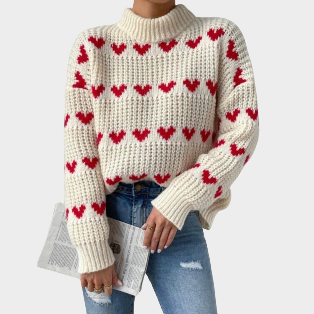 Women’s Baggy Knitted Sweater - Love Heart Jacquard, Long Sleeve Mock Neck Pullover, White
