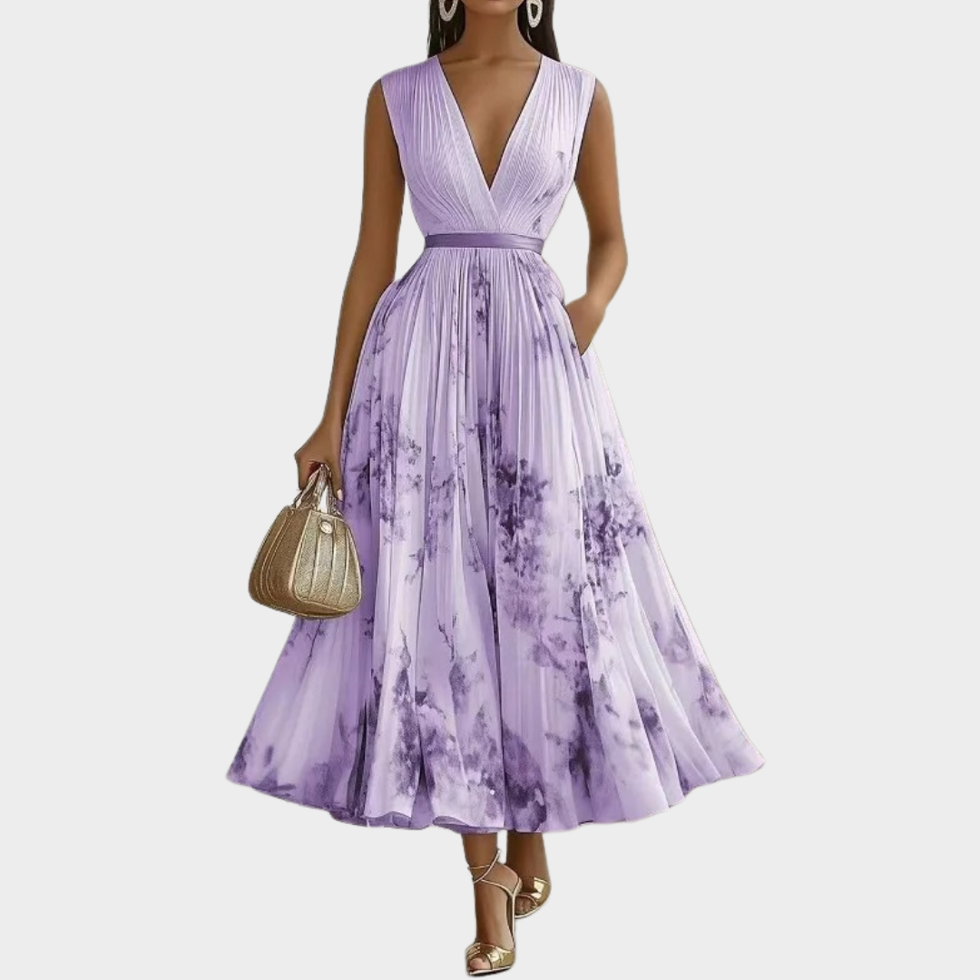 Women’s Sleeveless A-Line Maxi Dress – Deep V-Neck with High Waist and Floral Print – Lightweight Polyester – Multiple Colours
