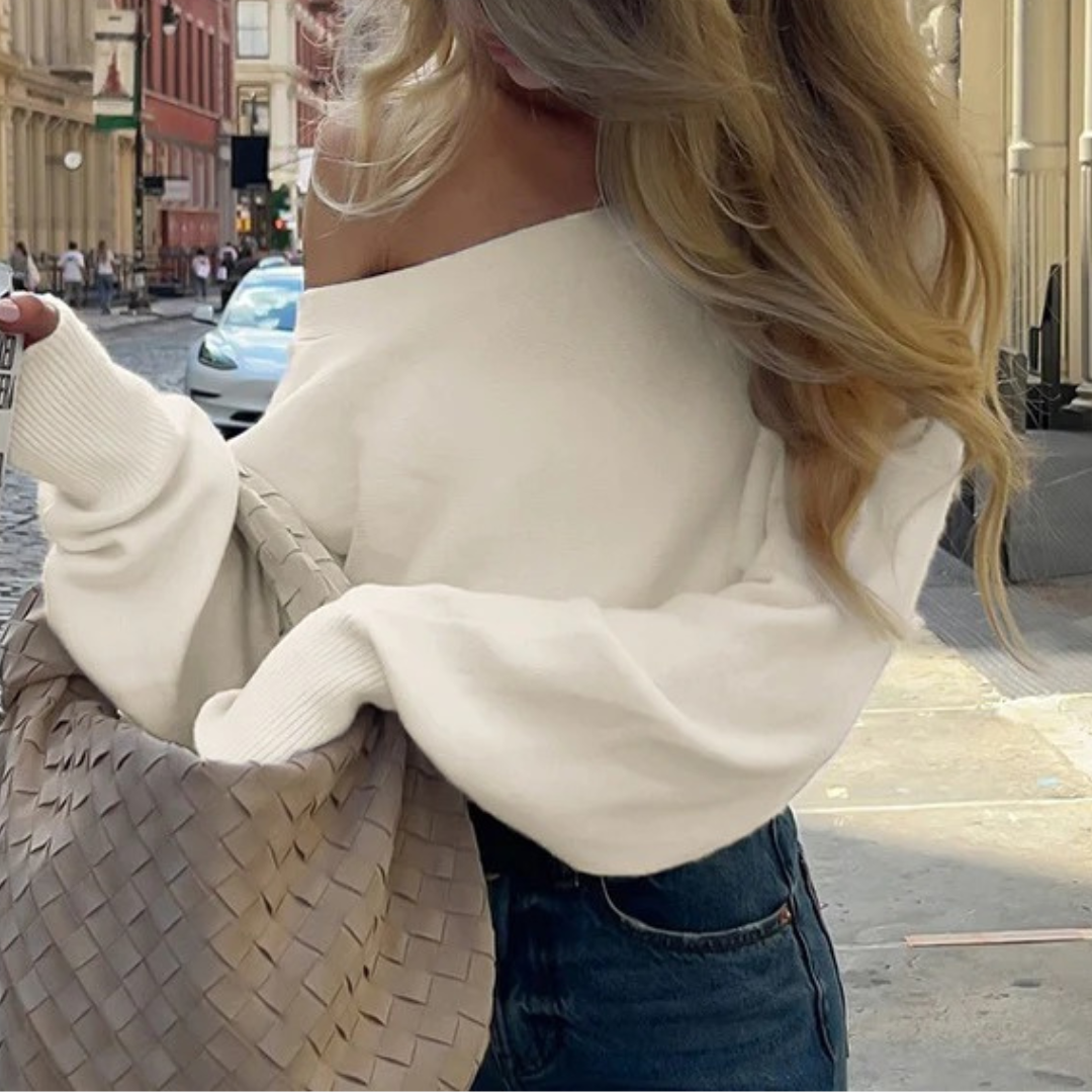 Women Off Shoulder Knitted Sweater – Long Sleeve Loose Fit Casual Pullover Top – Solid Colour Comfortable Knitwear – Apricot