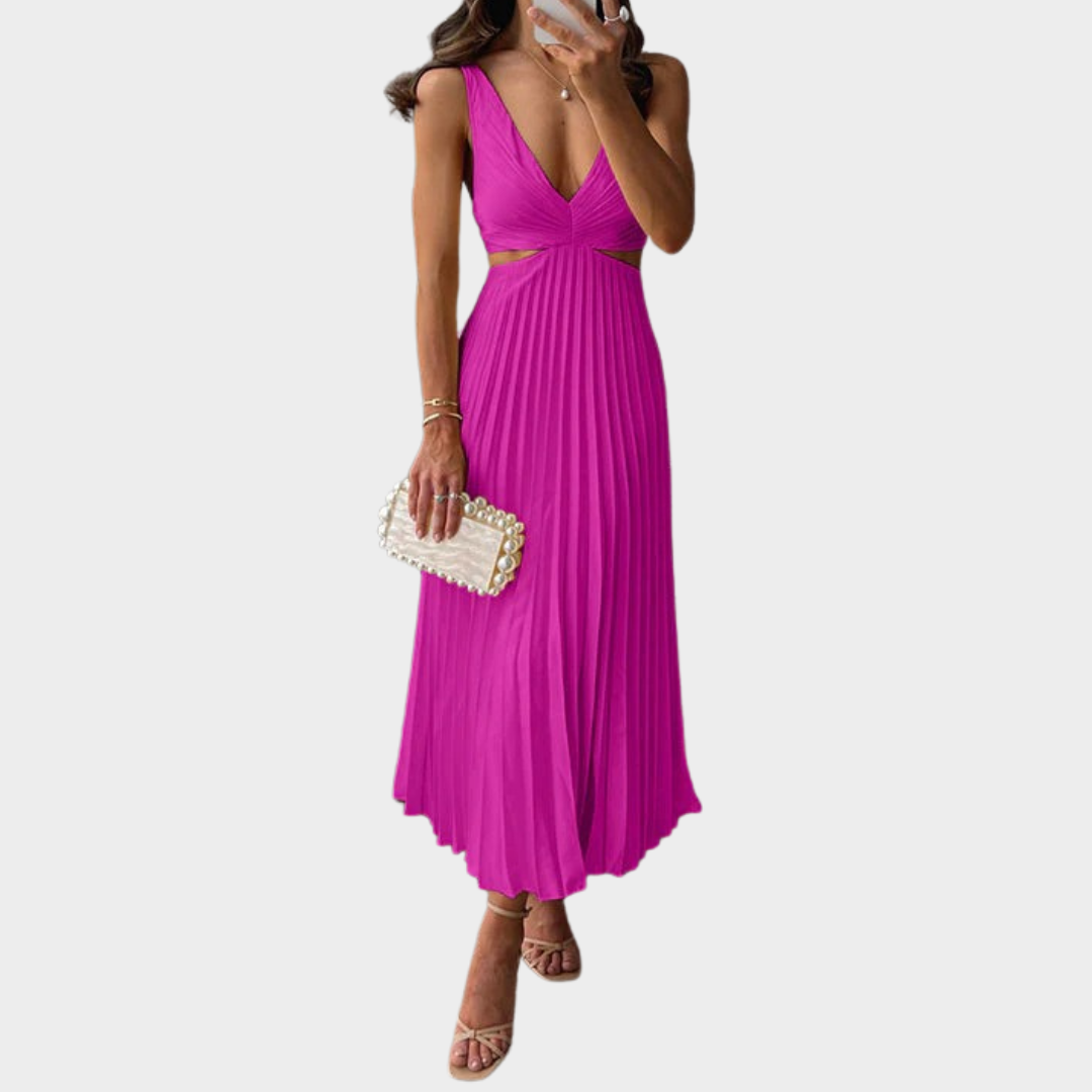 Women’s V-Neck Maxi Dress – Sleeveless Pleated Fit – Hollow Out Backless Design – Elegant Party Style – Multiple Colours
