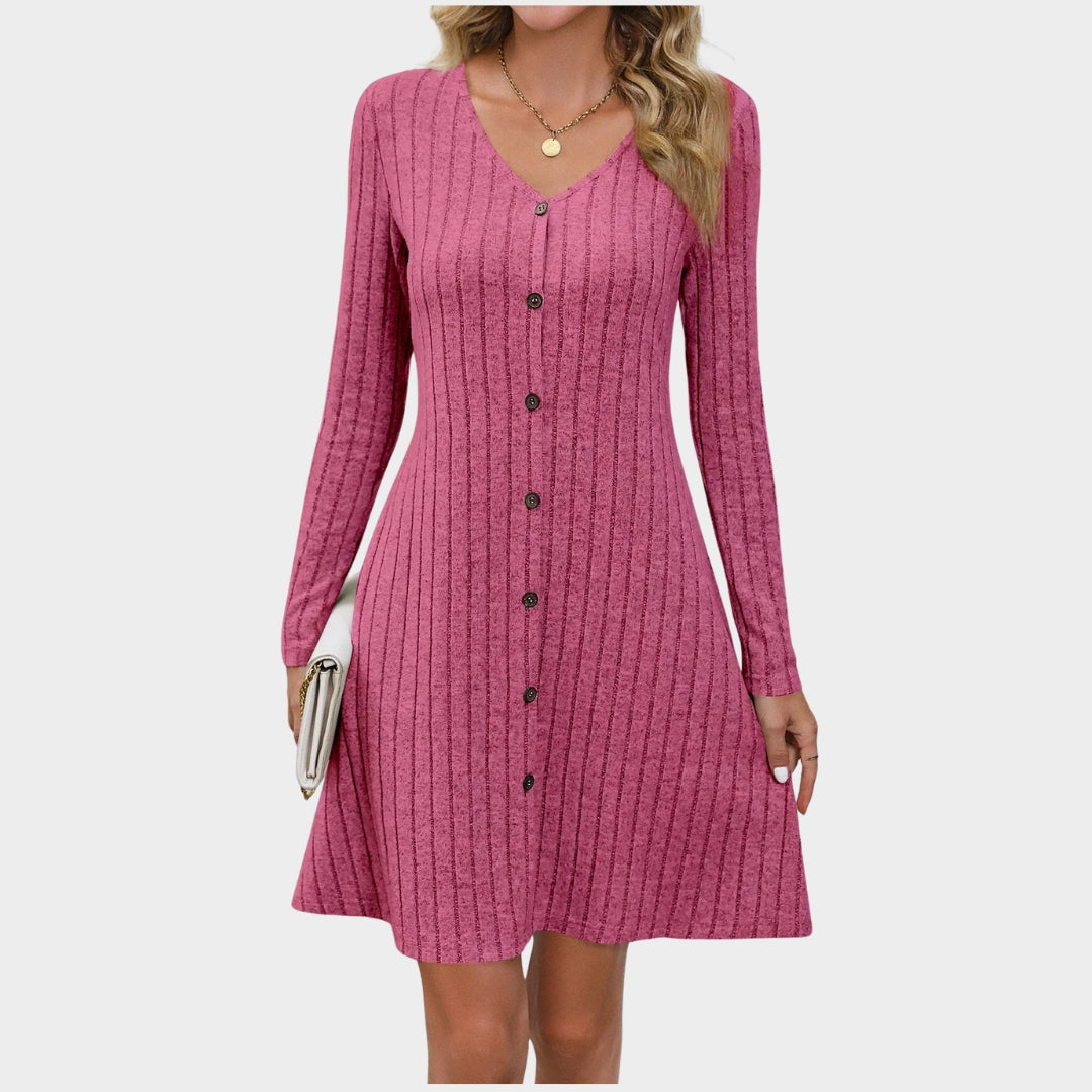 Women's Solid Ribbed Knitted Mini Dress – Long Sleeve A-Line Knot Detail, Black, Pink, Grey, Green
