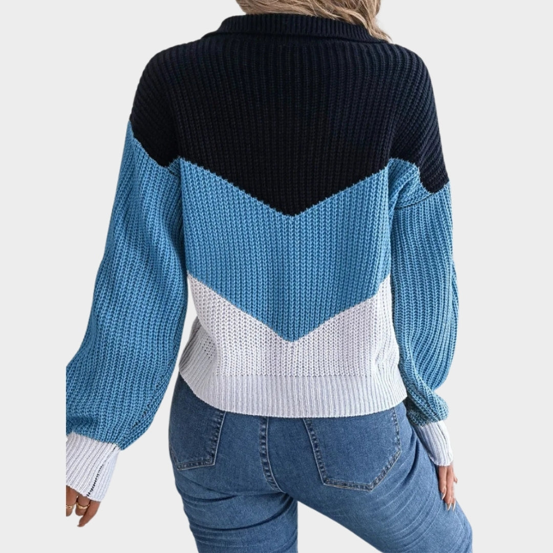 Autumn Winter Lapel Women’s Sweater - Thickened Warm Knit, Lantern Sleeve, Patchwork, Multi-Color