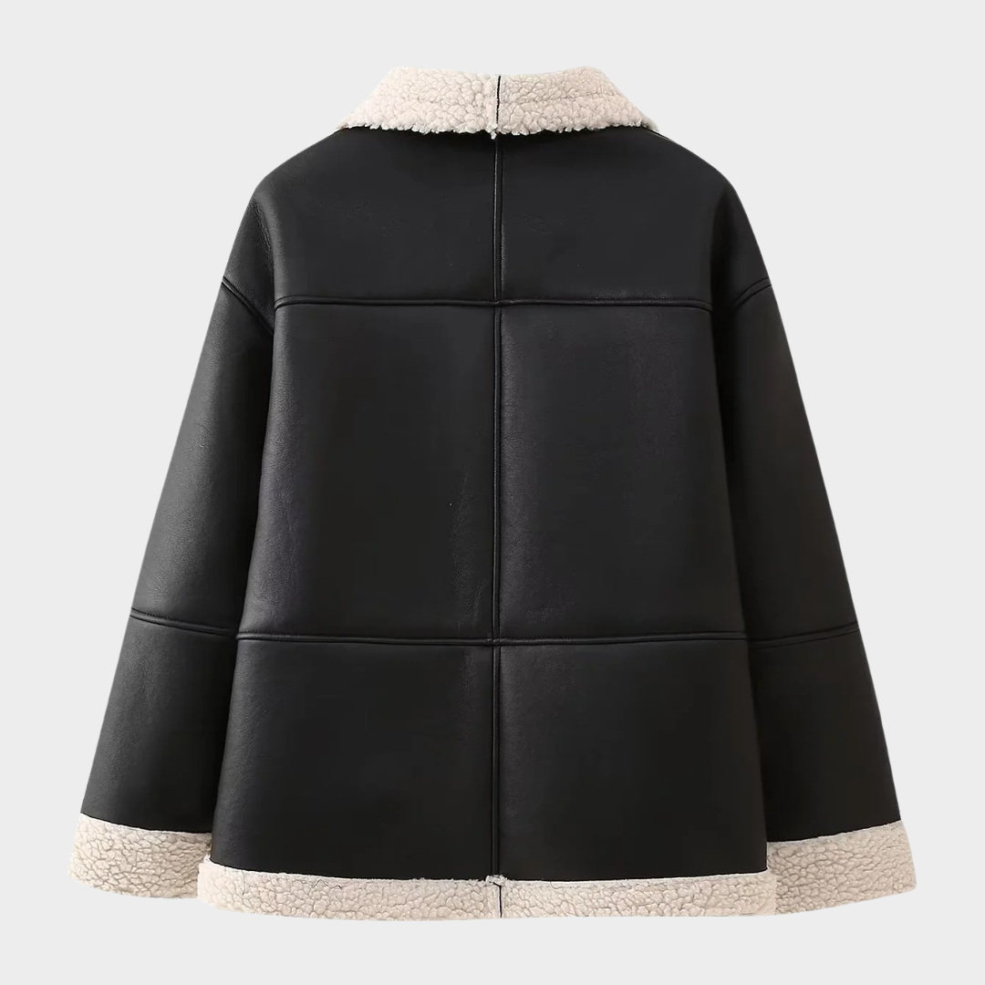 Women’s Faux Leather Jacket – Long Sleeve PU Coat with Zipper and Pockets – Black