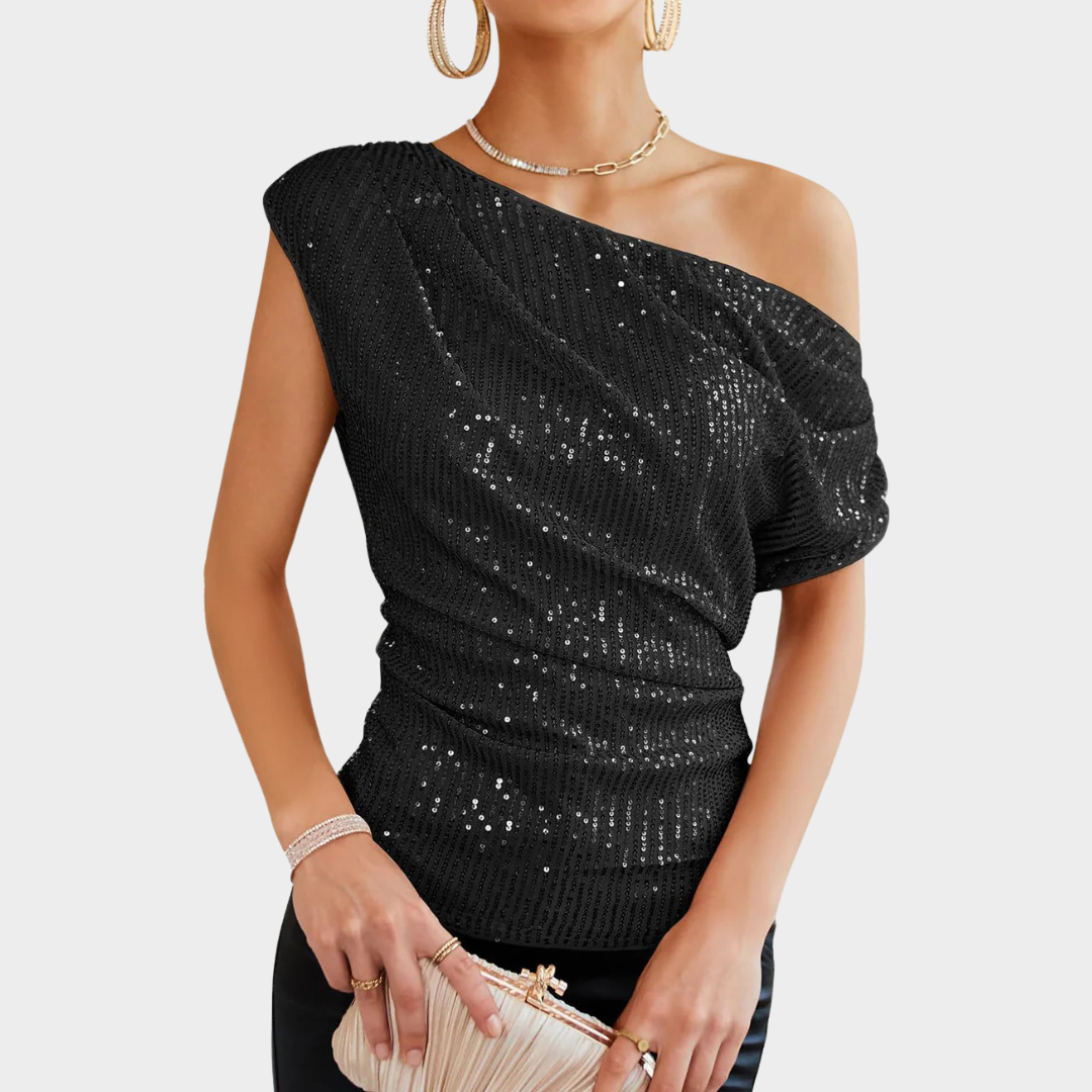 Women’s One-Shoulder Sequin Blouse – Asymmetric Neckline – Fitted Party Top – Soft Stretch Fabric – Elegant Ruched Design – Multiple Colours