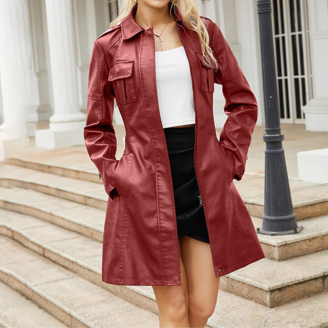 Women’s Faux Leather Trench Coat – Mid-Length Slim Fit Belted Jacket with Turn Down Collar – Multiple Colours