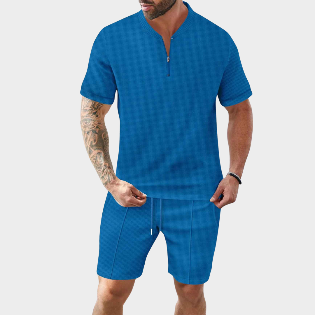 Men's Co-Ord Set – Waffle Textured Zip Collar Short Sleeve Shirt with Matching Shorts – Multiple Colours