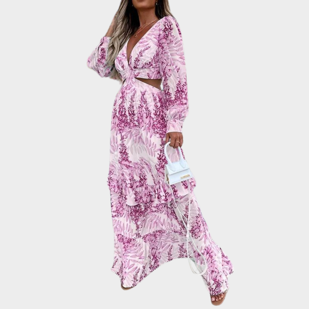 Women's Long Sleeve Maxi Dress – Elegant Deep V-Neck – Hollow Out Ruffle Design – Fashion Print – Multiple Colours