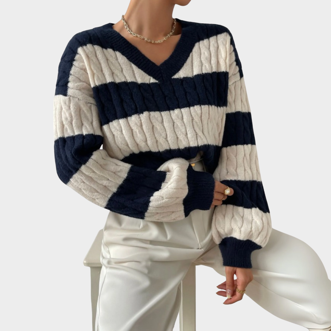Women Striped Knitted Jumper – V Neck Long Sleeve Loose Fit Casual Pullover Sweater with Soft Stretch Fabric – Comfortable Everyday Style – Multiple Colours