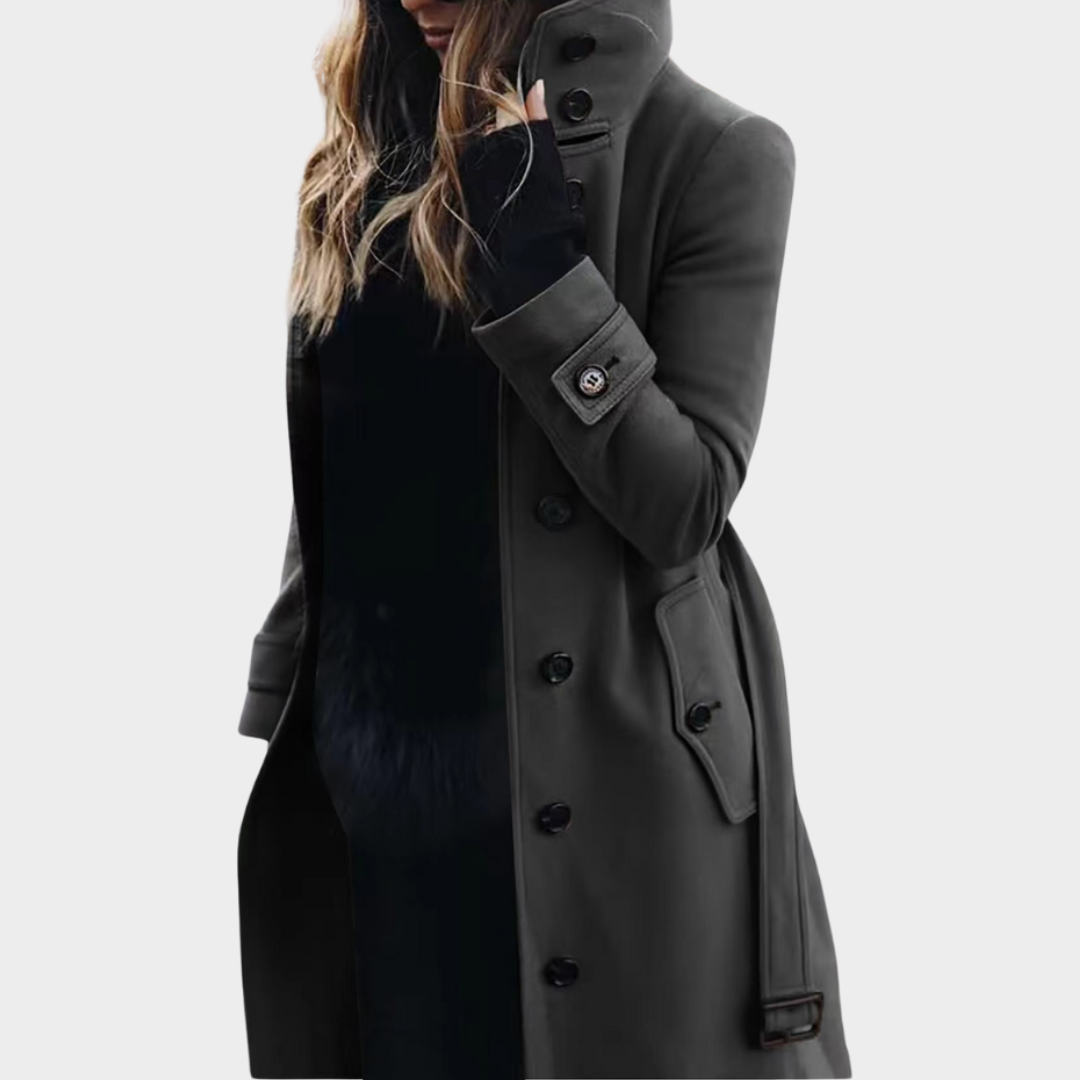 Women's Long Wool Coat – Stand Collar Belted Trench Coat – Button Front with Pockets – Multiple Colours
