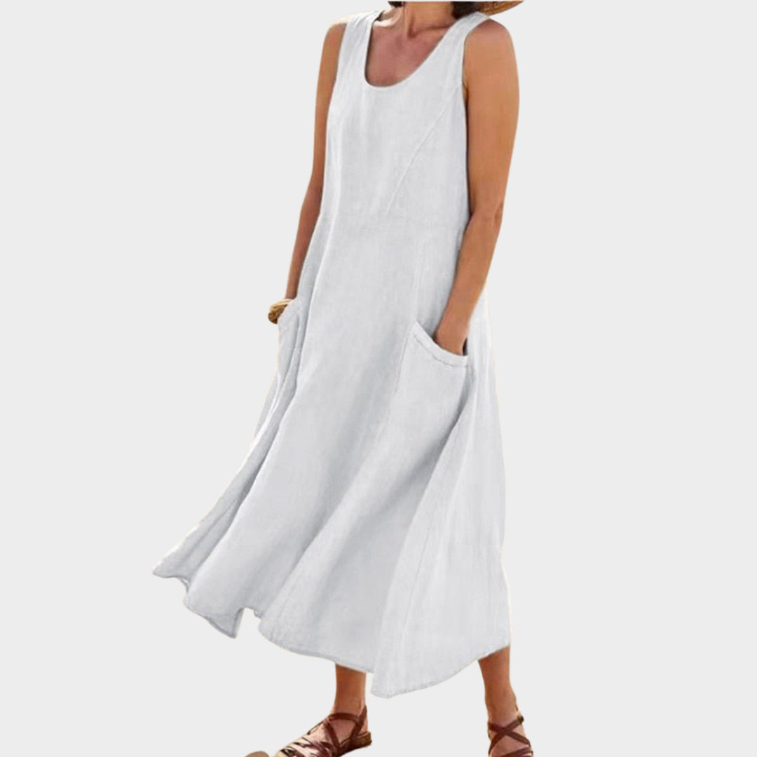 Women's Cotton Linen Dress – Sleeveless – O Neck – Loose Fit – With Pocket – Multiple Colours